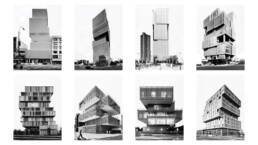 A mosaic of eight contemporary buildings shaped as a stack of displaced boxes.